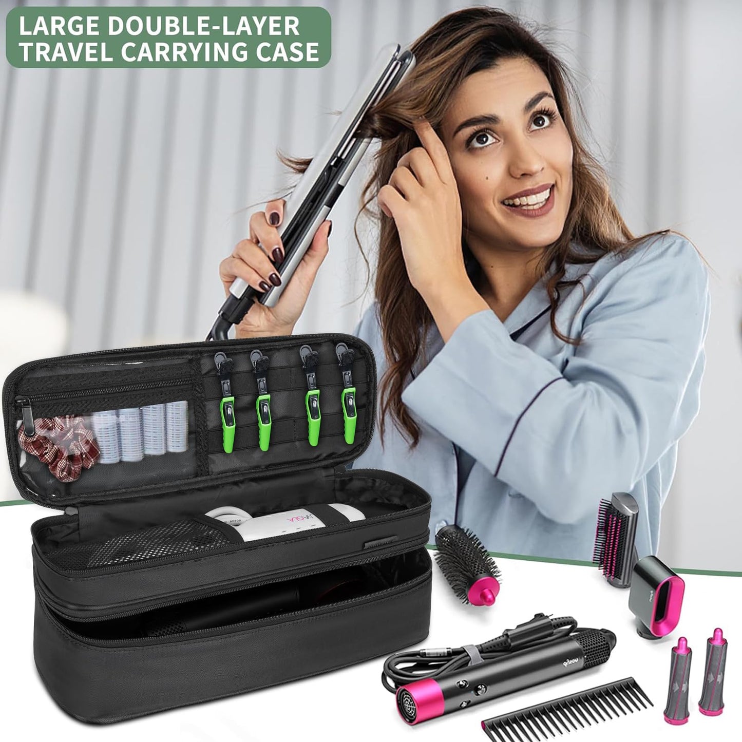 OUUTMEE Double Layer Travel Carrying Case Compatible with Shark Flexstyle, Storage Case for Revlon One-Step Hair Dryer and Volumizer Hot Air Brush Portable Organizer Bag for Dyson Airwrap Styler