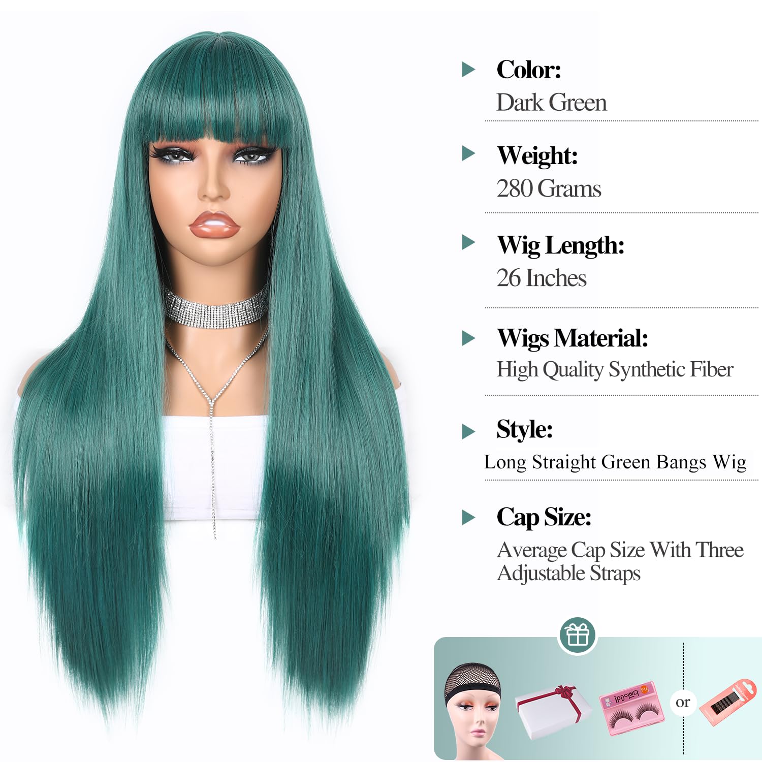 WIGER Long Green Wigs with Bangs Straight Dark Green Hair Wig for Women Long Bangs wig Full Green Cosplay Wig for Girls Synthetic Natural Hair for Daily or Costumes (Green with Bangs)
