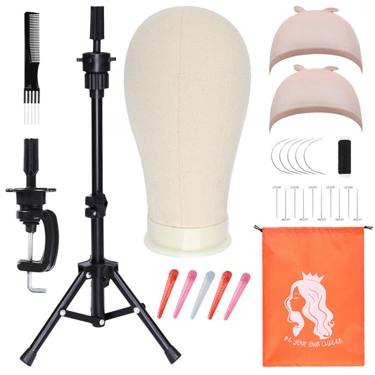 PWEOUKE 22 Inch Canvas Wig Head with Stand for Wigs ,Height Adjustable Wig Stand Tripod with Canvas Block Wig Head,Manikin Head Block Set for Cosmetology with Wig Stand and Storage Bag 22 Inch