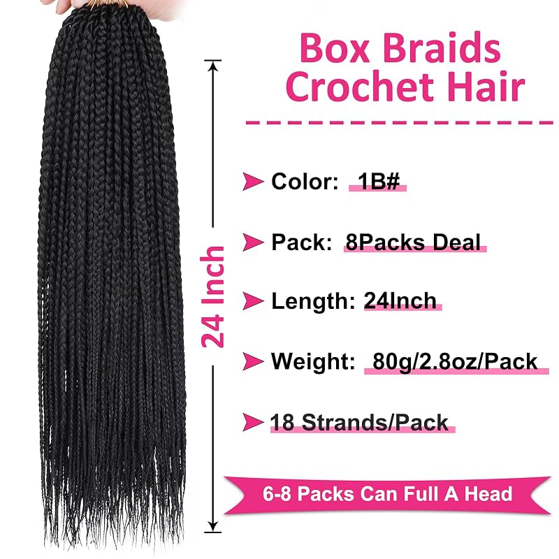 Box Braids Crochet Hair 24" Knotless Pre-Looped 8 Packs Ombre 1B# – 144 Strands, 18 Per Pack