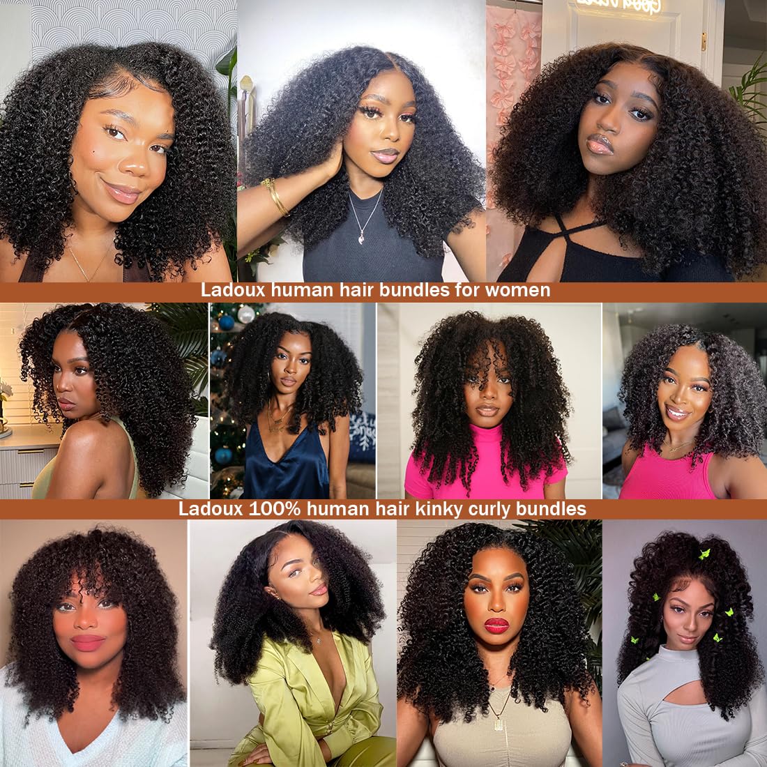 Ladoux Kinky Curly Bundles Human Hair 20 22 24 26Inchs Kinky Curly Human Hair 4 Bundles 100% Unprocessed Brazilian Virgin Remy Hair For Women Natural Black Color