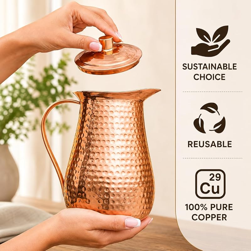 70 Ounces Bold & Divine Pure Copper Pitcher with Lid – Hammered Jug for Water & Beverages