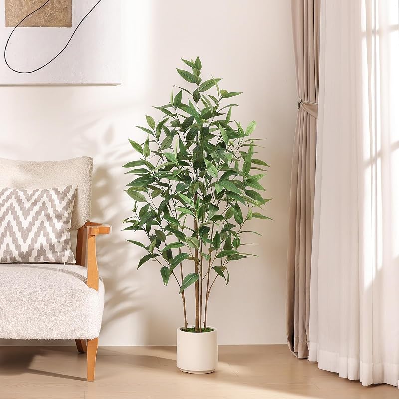4Ft Artificial Eucalyptus Plant with White Planter - Multi-Trunk Fake Tree