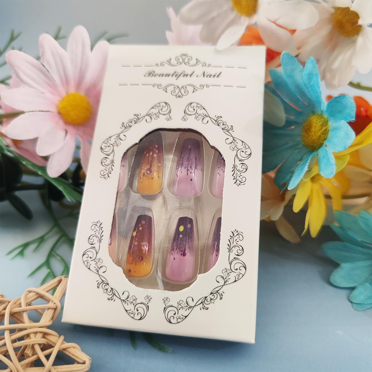 Graffiti Press on Nails French Tip Acrylic Full Cover Fake Nails 24Pcs Glossy Purple Gradient Medium Coffin False Nail Painted Stick on Nail Curve Line Gel Glue on Fingernails for Holiday Manicure Art