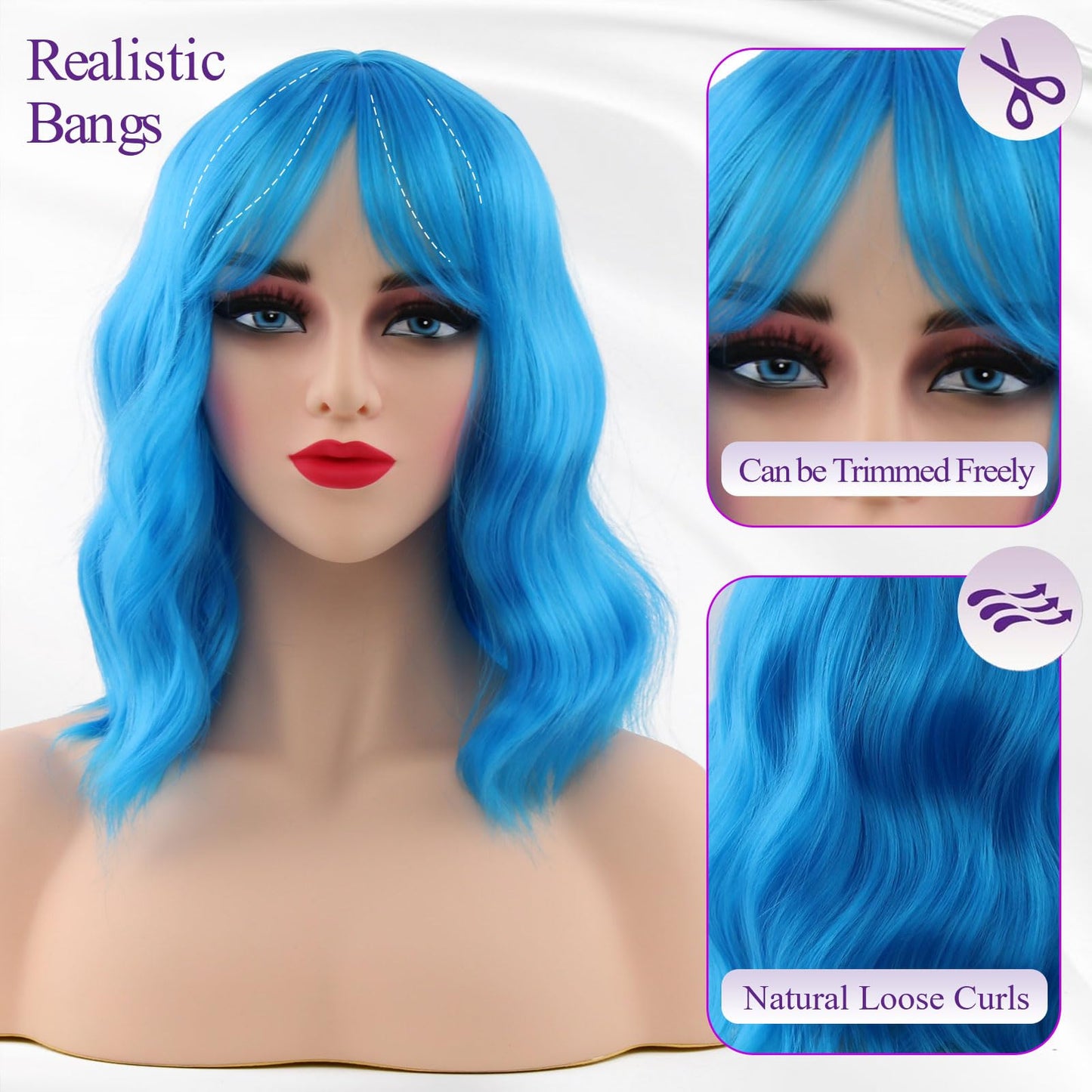 HWHRGL Light Blue Wigs with Bangs for Women 14 Inch Short Wavy Bob Wigs With Bangs Synthetic Bob Wig Curly Wig Heat Resistant Colorful Wavy Wig for Cosplay Daily Party Use Halloween Wigs