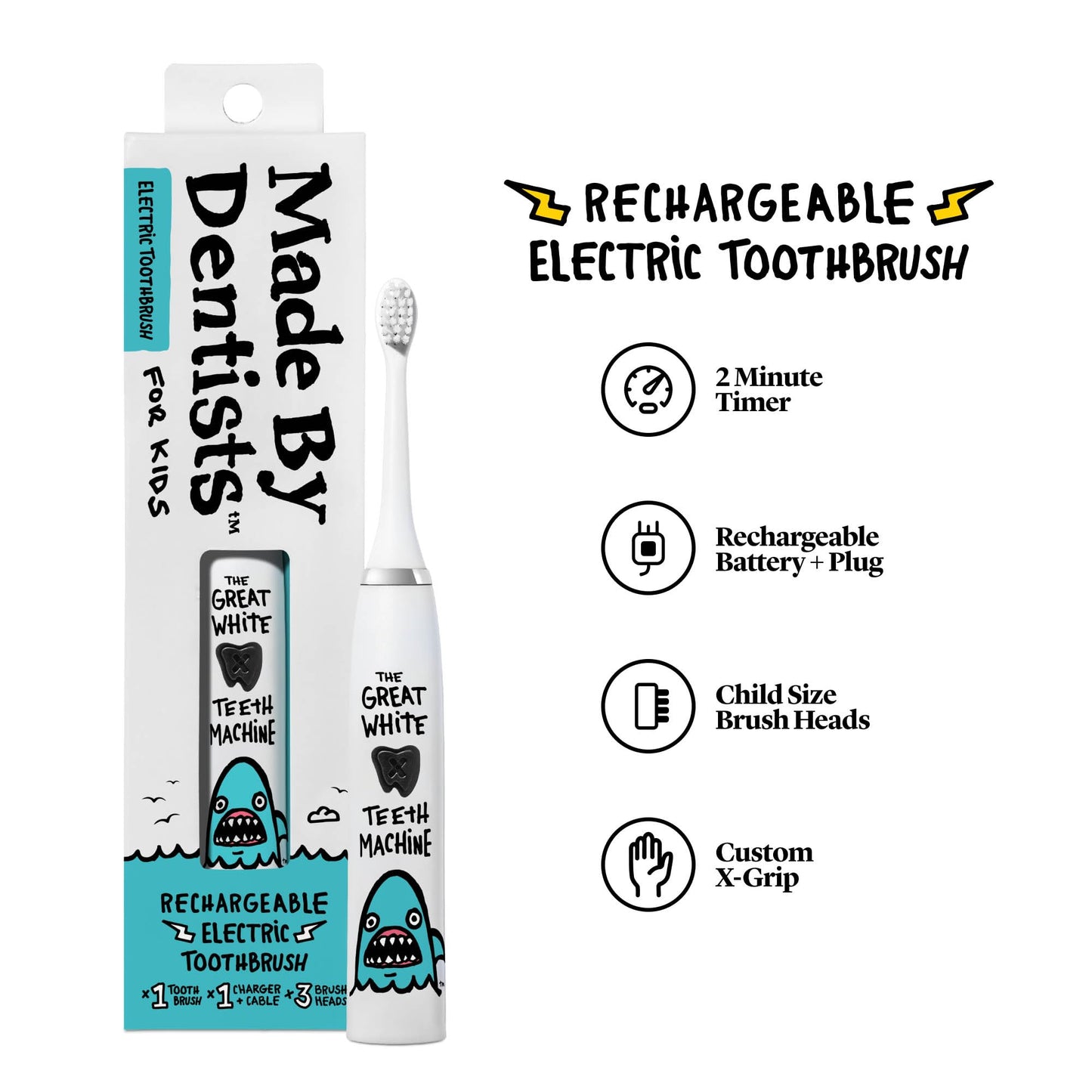 Made by Dentists Kids Electric Toothbrush - Rechargeable Vibrating Toothbrush with Timer, Includes 6 Replacement Heads, Gently Cleans Little Teeth, for Girls and Boys, Kids & Toddlers Age 2+, Shark