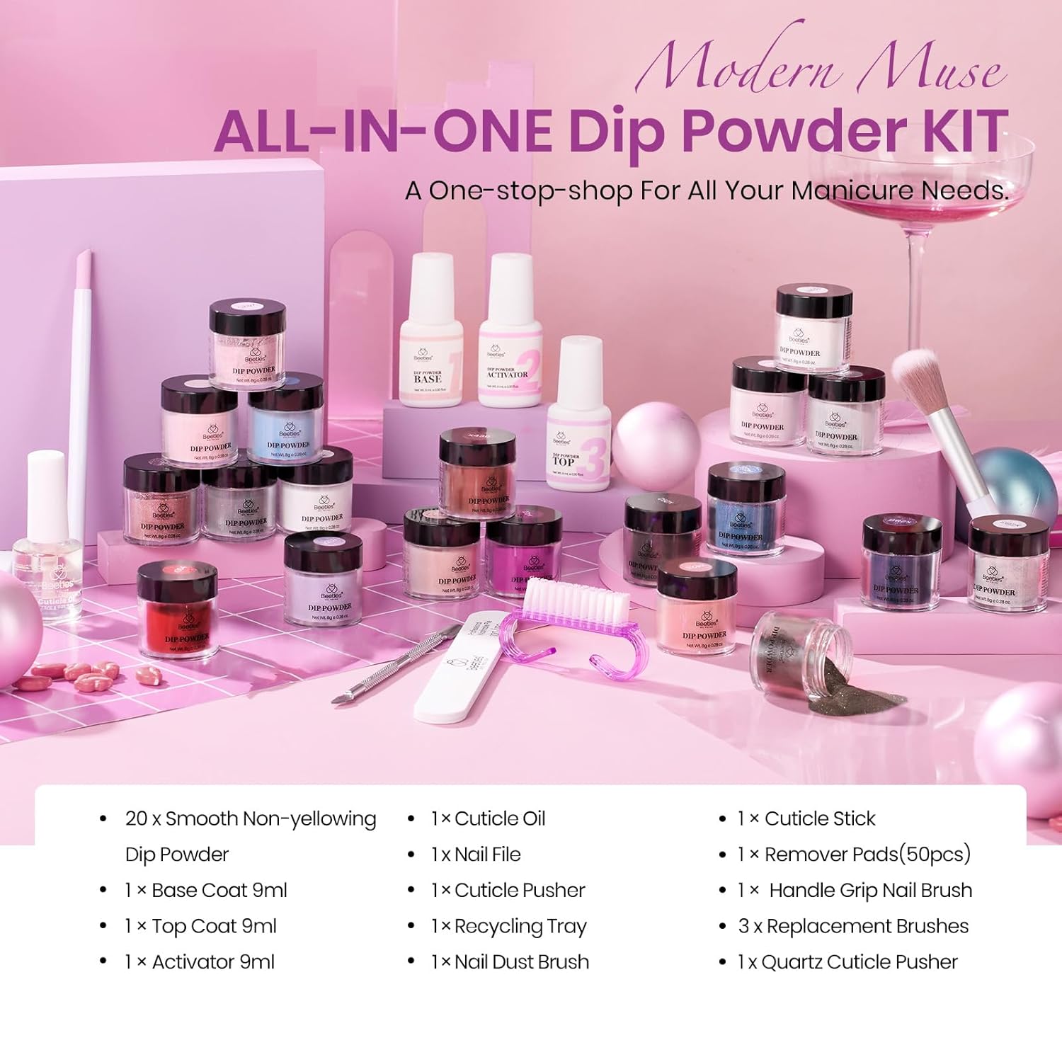 Beetles 20-Color Pink Nude Dip Powder Nail Kit - Jelly Effect & Glitter for DIY Manicure