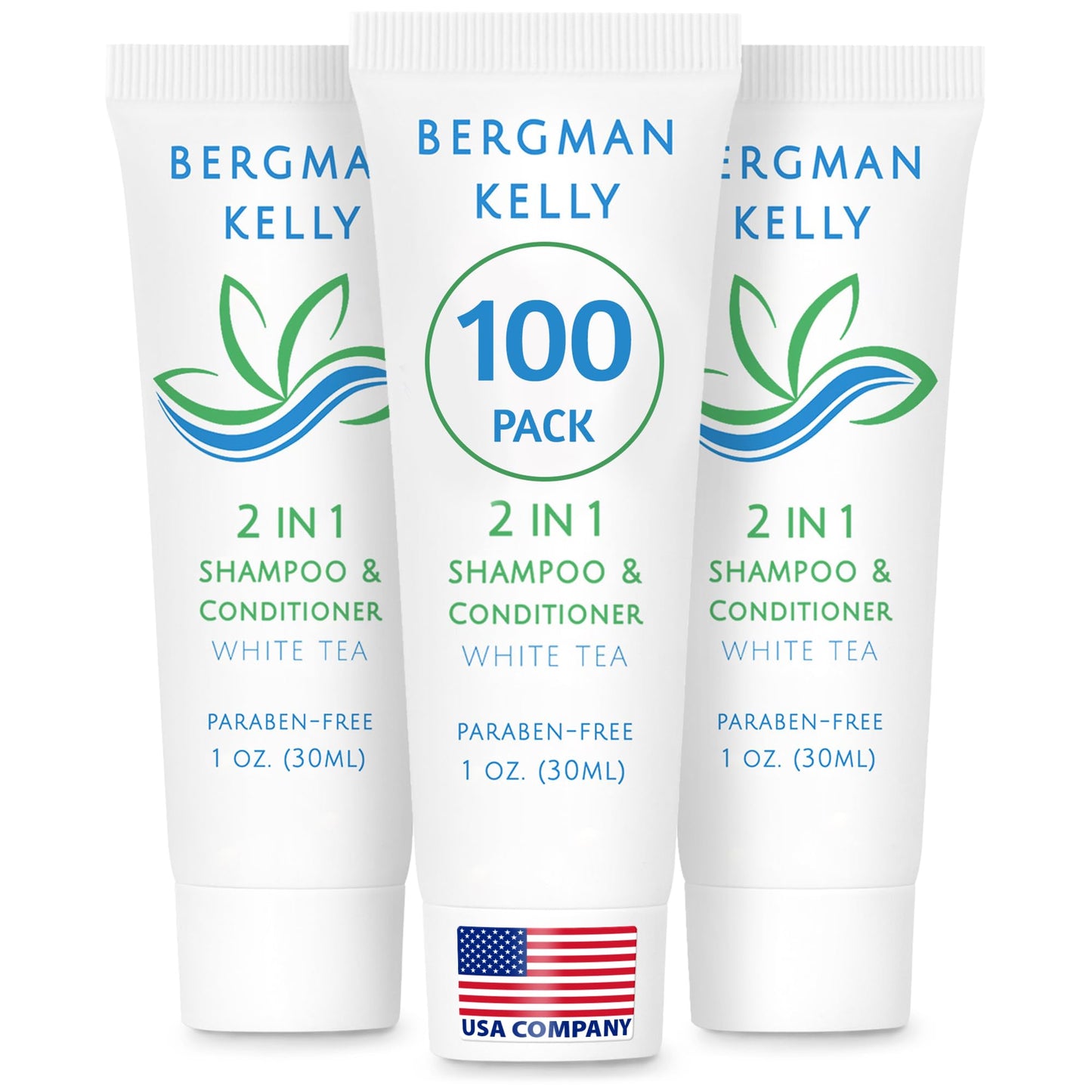 Bergman Kelly - Travel Size 2 in 1 Shampoo & Conditioner - 1 fl oz, 100 PK, White Tea - Delight Your Guests w/Revitalizing & Refreshing Shampoo Amenities, Quality Small Size Hotel Toiletries in Bulk