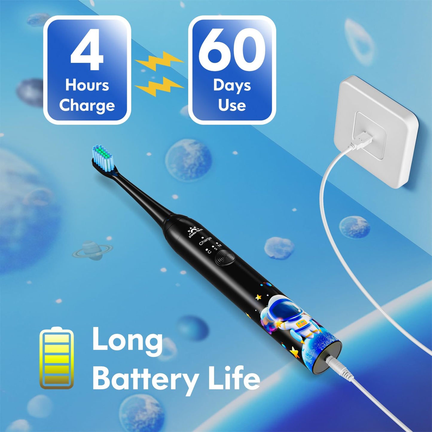 Kids Electric Toothbrush Rechargeable Age 3-5-6-12-18 Year Old, Sonic Toothbrush Kids with Timer 3 Modes 4 Vibrating Heads Habit Stickers Tooth Brush for Girls Boys and Childrens (Astronaut Black)