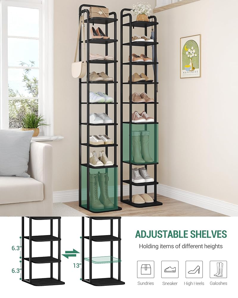 Vertical 10-Tier Shoe Rack Organizer – Free Standing 67.3" Tall, Black with 2 Side Hooks (Variation: Black+10 Tier)