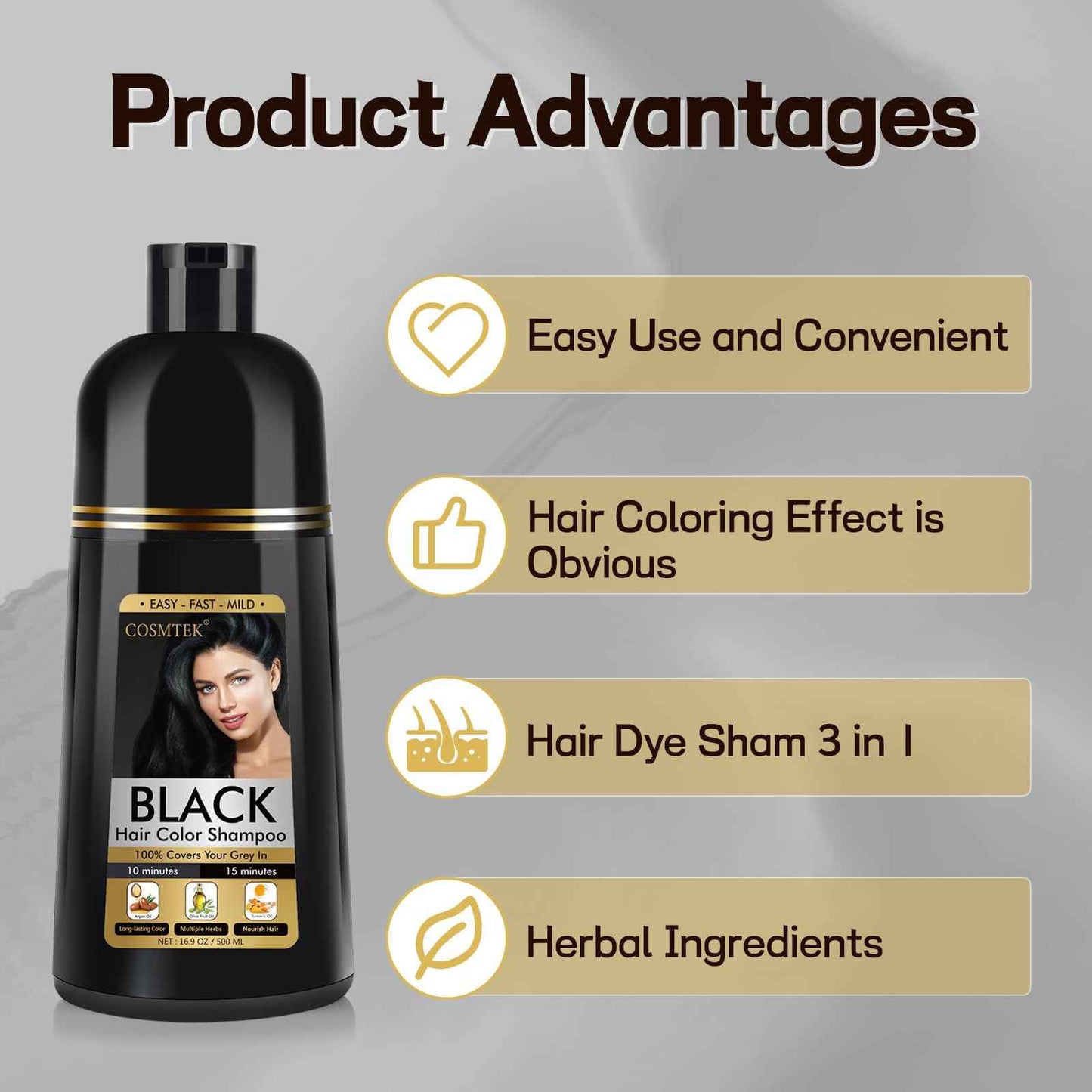 BOJICA Black Hair Dye Shampoo 3 in 1 for Gray Hair, Hair Color shampoo for Women, Natural Shampoo Hair Dye-100% Grey Hair Coverage/Herbal Ingredients-17.6 OZ