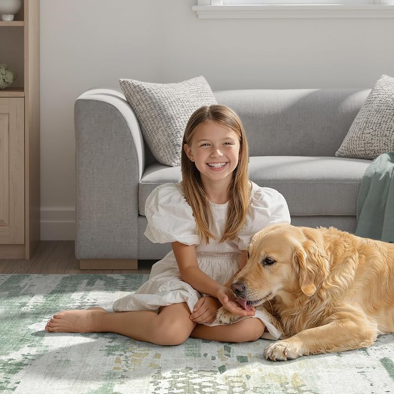 DCX Washable Abstract Area Rug 8x10 - Non-Slip, Sage Green, 1/4" Pile — Variation: Green & White+8' x 10' (Rectangular)