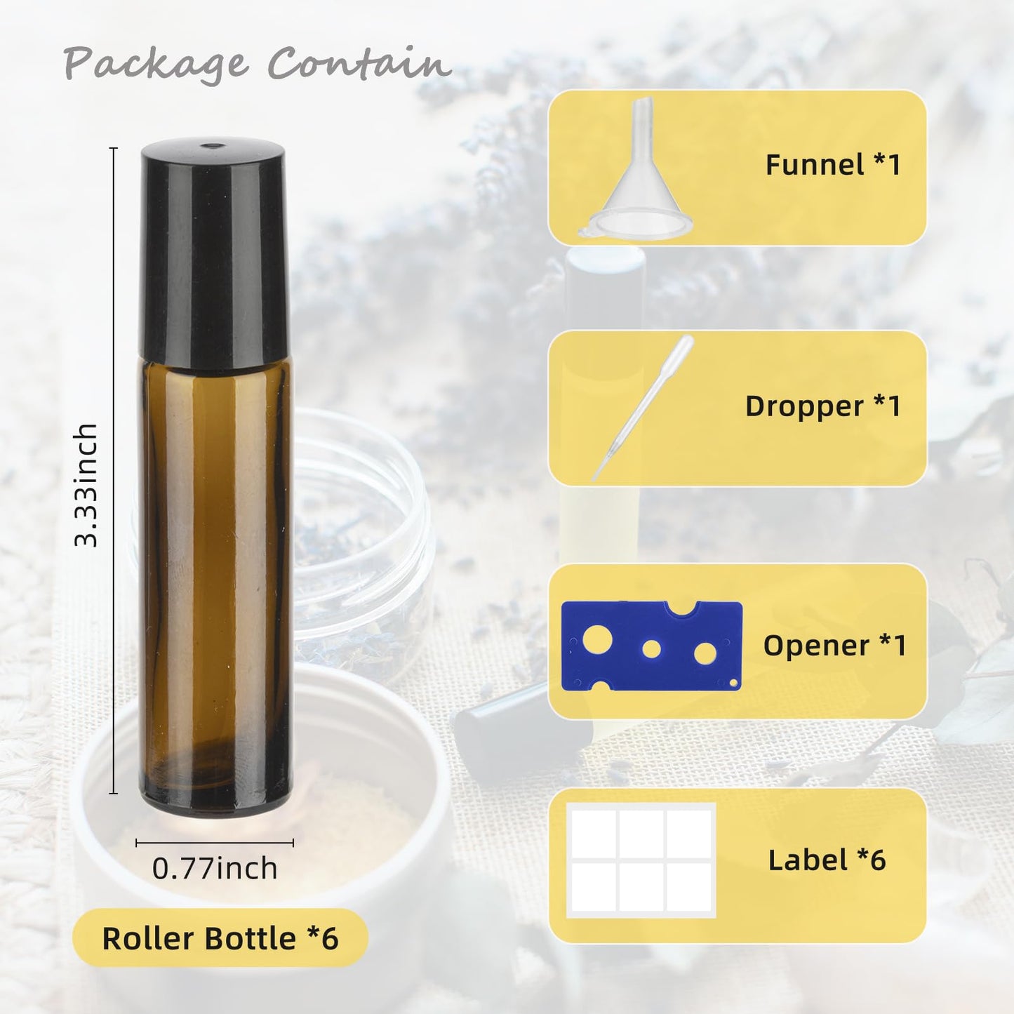 GIVITASOT 10ML Essential Oil Roller Bottles, 6 Pack Amber Oil Roller Bottles for Essential Oils, Roll on Bottle with Stainless Steel Balls(6 Labels, Opener, Funnel, Dropper Included)