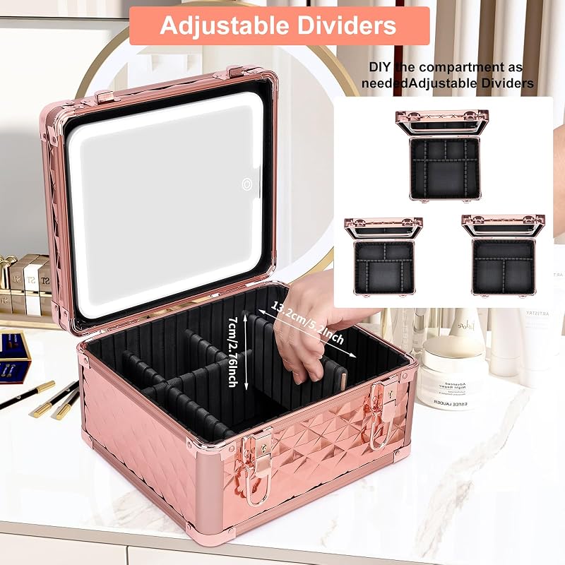 Sparkling Makeup Box with LED Mirror - Travel Hard Case with Adjustable Dividers (Rechargeable) - Cosmetic Organizer Gift