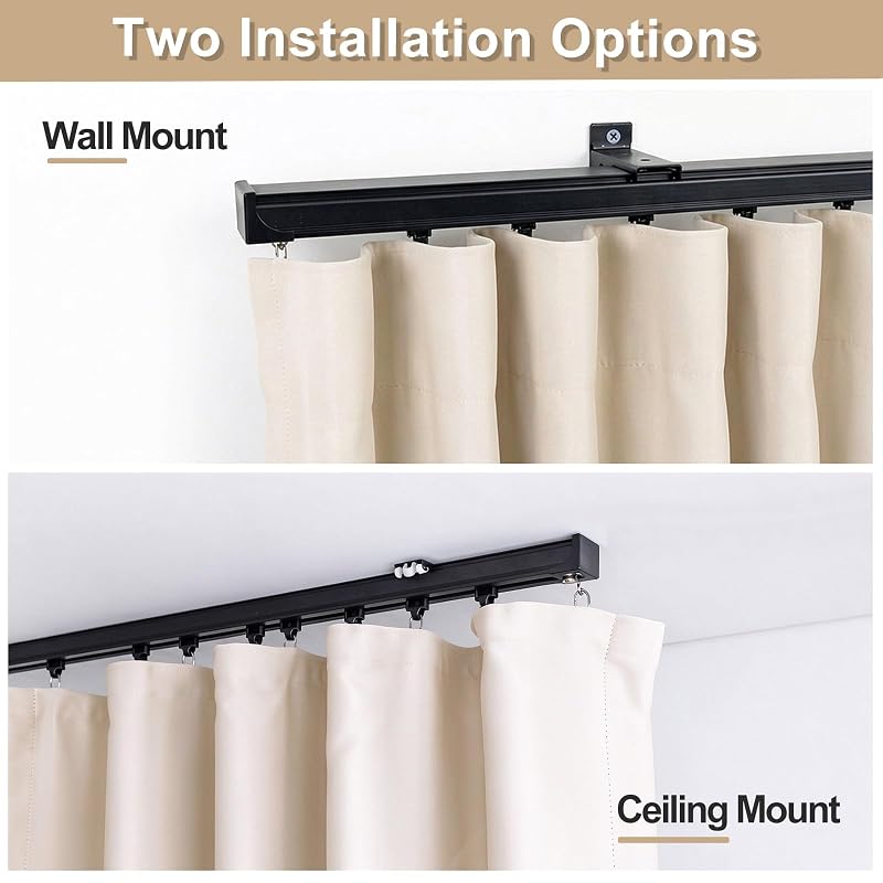 Ceiling Curtain Track System 9ft-12ft, Heavy Duty Wall/Ceiling Mount with Hooks & Clips - Black (Variation: Black+9ft - 12ft)