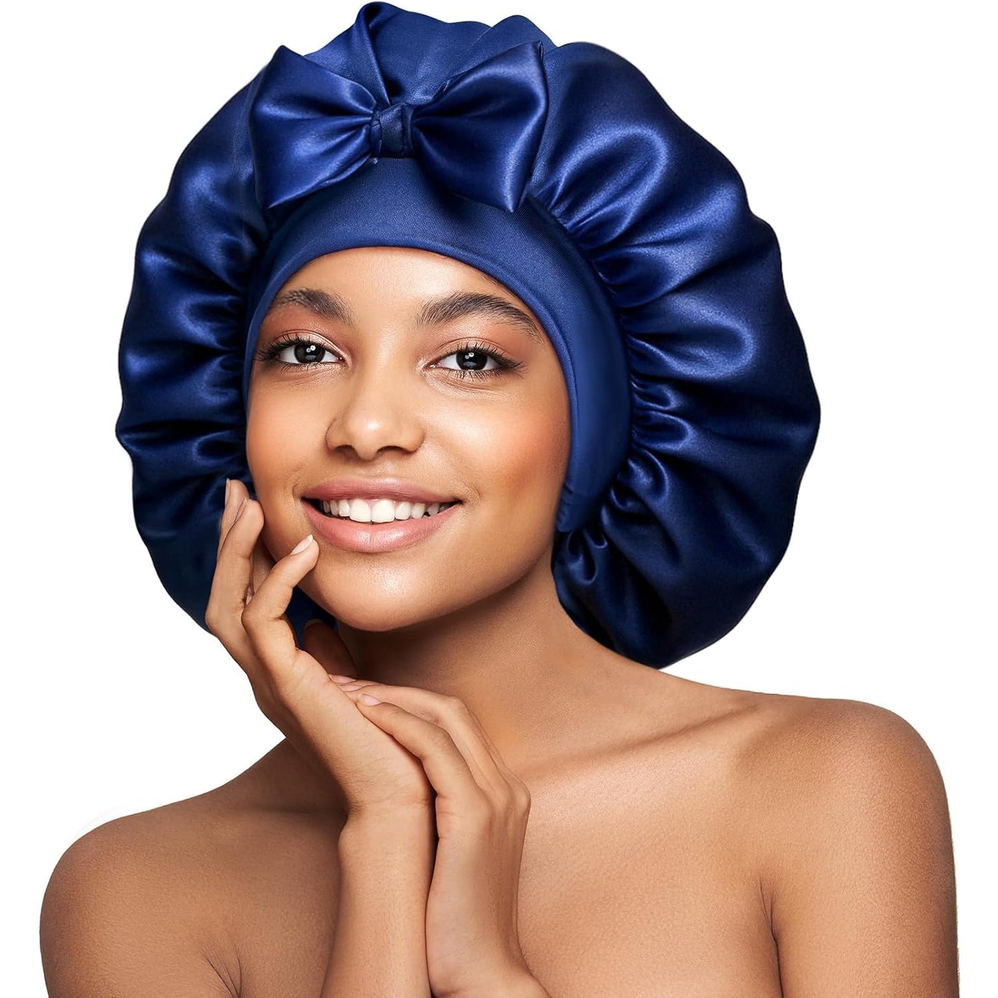 22 Momme Mulberry Silk Bonnet for Women - Double-Sided Non-Slip Sleep Cap for Long Curly Hair, Adjustable Band, Ebony