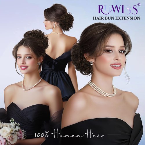RUWISS Large Messy Bun Hair Piece with Claw Clip Human Hair Bun Wavy Curly Chignon Hair Bun Extensions Tousled Updo Hair Pieces for Women Claw Clip Ponytail Hair Scrunchies for Women, Brown Black