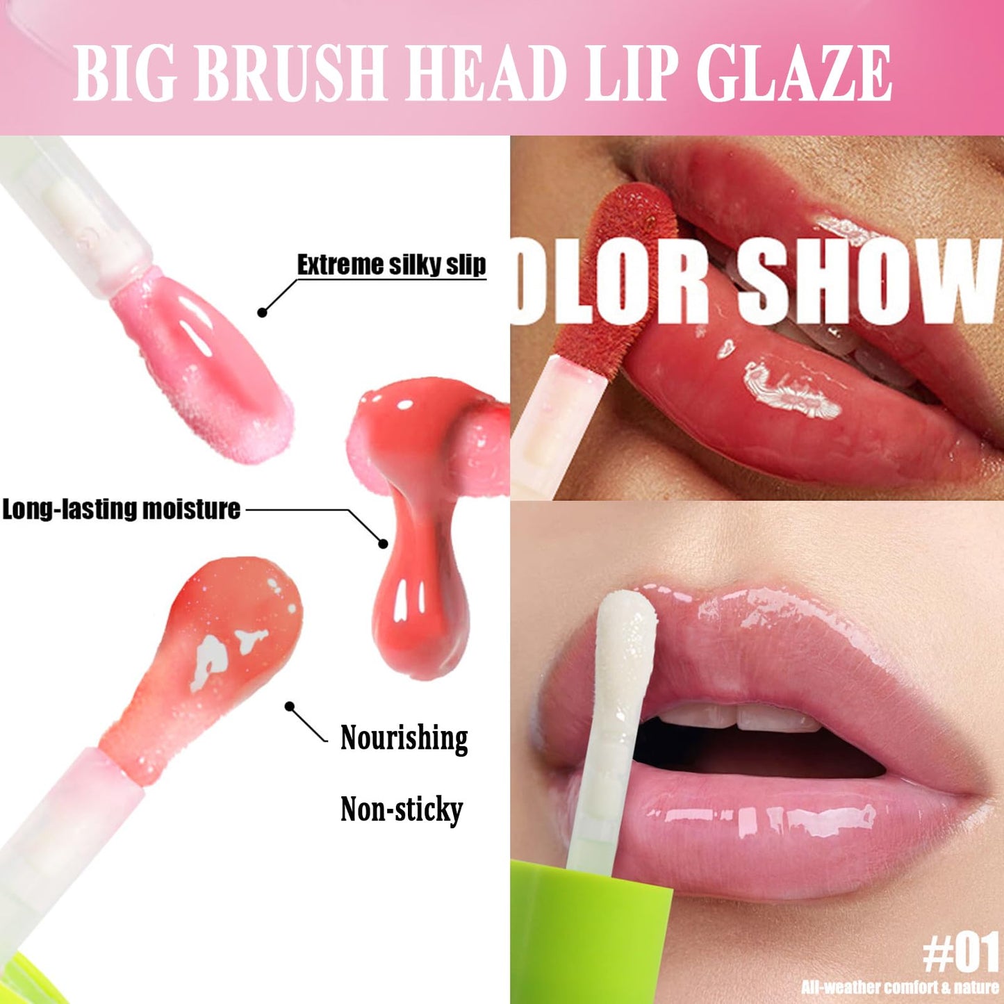 Yeuxtty 6PCS Fat Oil Lip Gloss,Big Brush Head Hydrating Transparent Lip Glow Oil for Women Moisturizing Tinted Lip Plumper Gloss