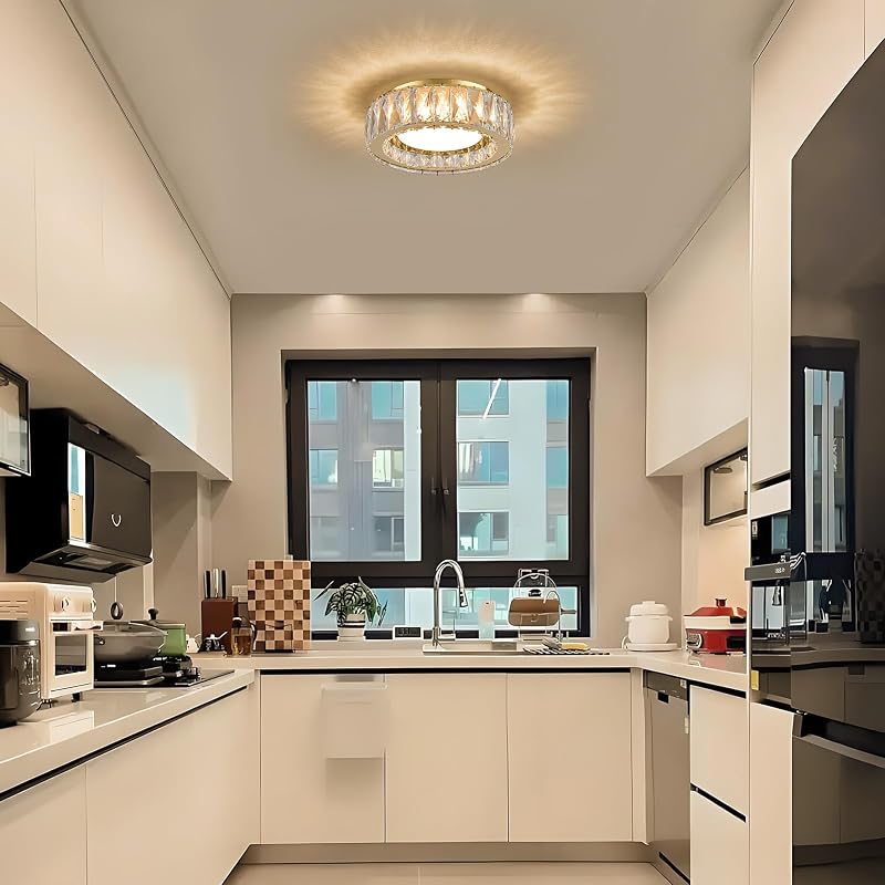 Gold 11 Inch Dimmable Crystal Flush Mount Ceiling Light Fixture