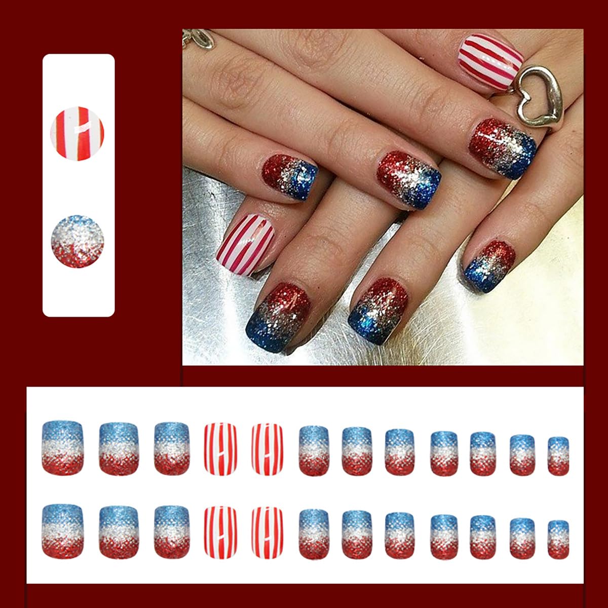 KTAABTR Independence Day Press on Nails Short Square Fake Nails Glue on Nails Full Cover Red Blue Glitter Glossy Acrylic Nails Design Reusable Red White Stripes 4th of July False Nails for Women