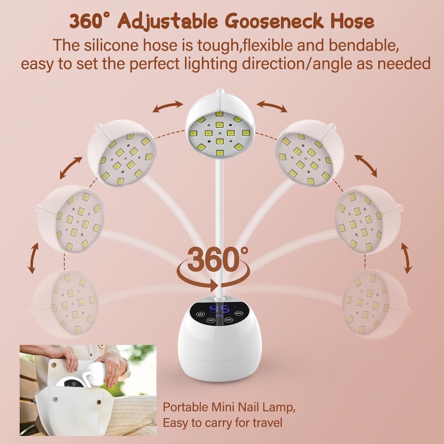 UV LED Nail Lamp Cordless 36W Mini UV Light for Gel X Nails Tips,Portable Hands Free Flash Cure Light,USB Rechargeable Nail Dryers with Sensor & 4 Timers,Rotatable Gooseneck Manicure Gel Polish Lamp