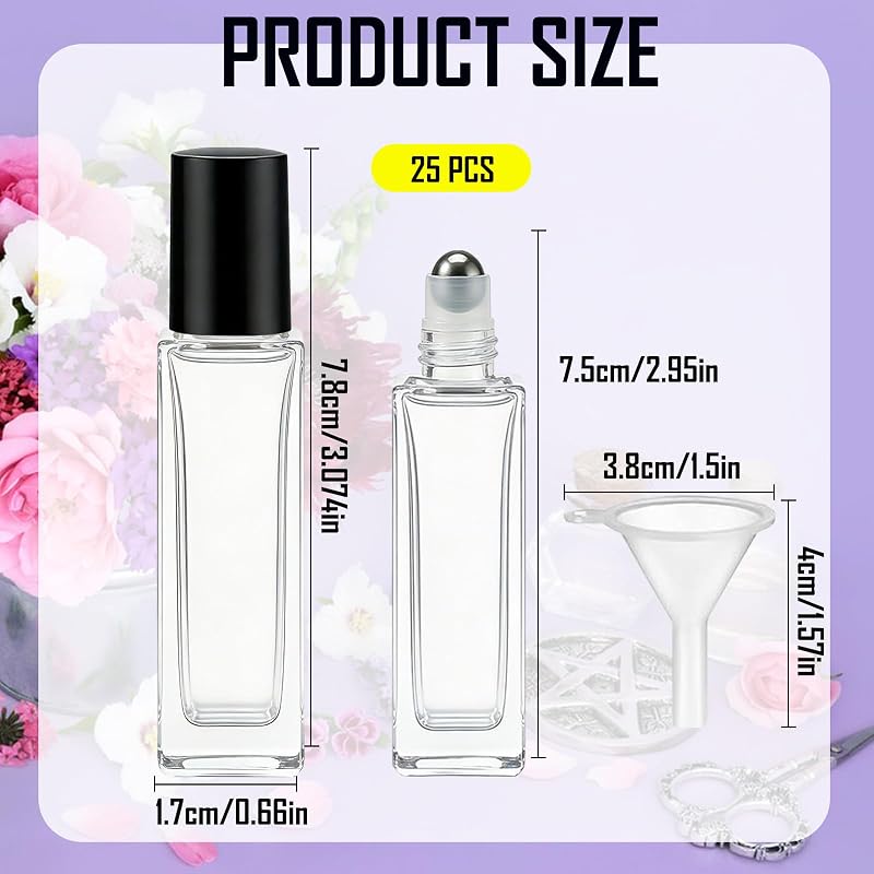 Black 25 Pcs 10 ml Square Glass Roller Bottles for Essential Oils with Funnels