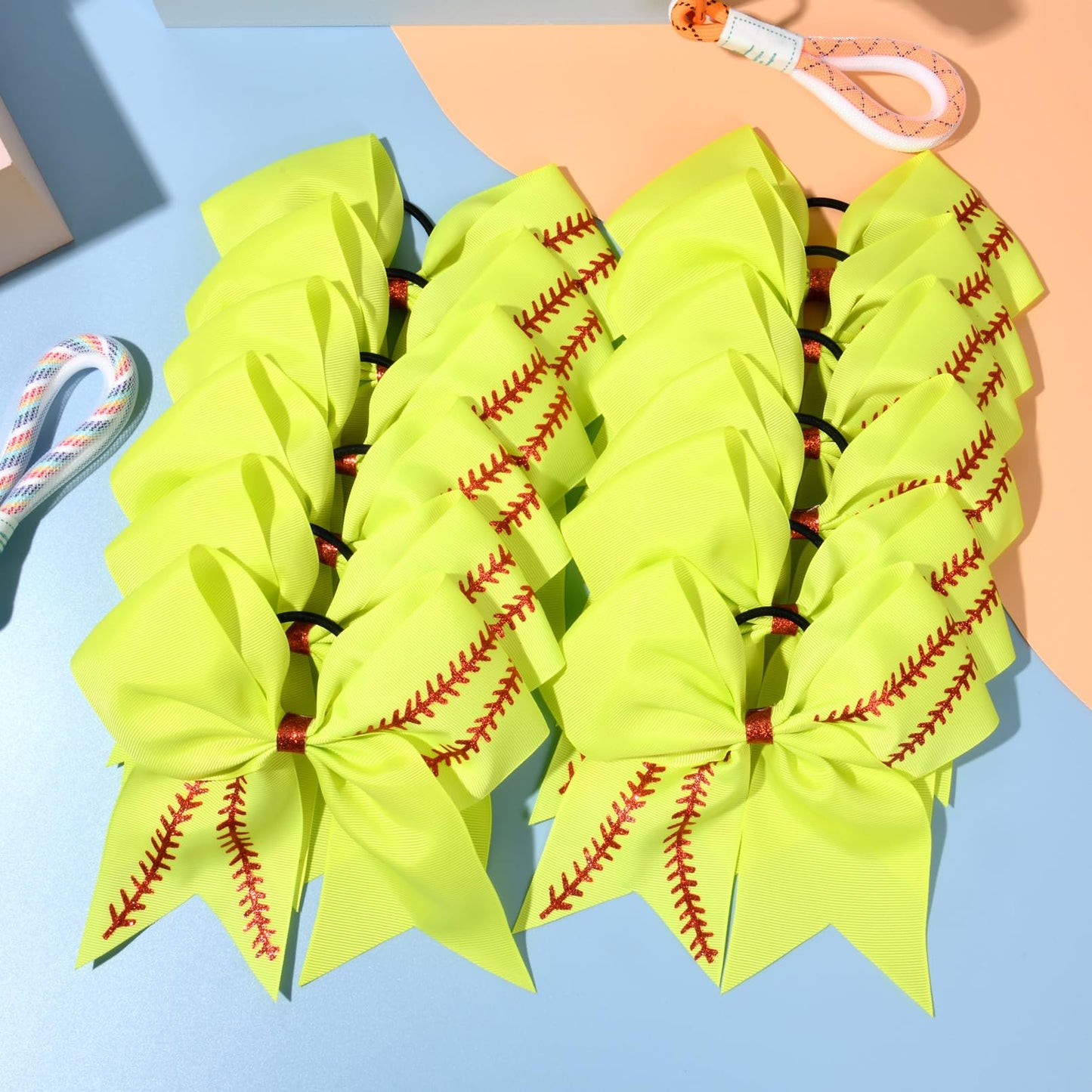 DEEKA 12 PCS Softball Cheer Bows with 2 Glitter Stitching Cheerleader Team Bows Elastic Band for Softball Sports Girls (Neon Yellow+Red Stitching)