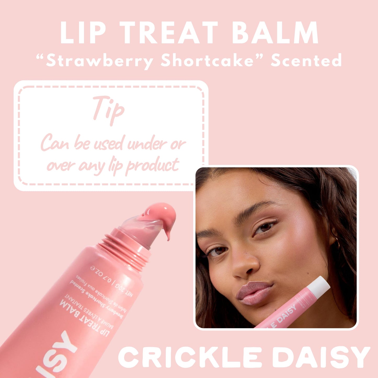 Crickle Daisy Lip Treat Balm - Hydrating & Nourishing Lip Balm with Avocado, Olive, and Coconut Oils - Softening Lip Moisturizer & Protection for Very Dry Lips - Strawberry Shortcake Scented, 0.7oz