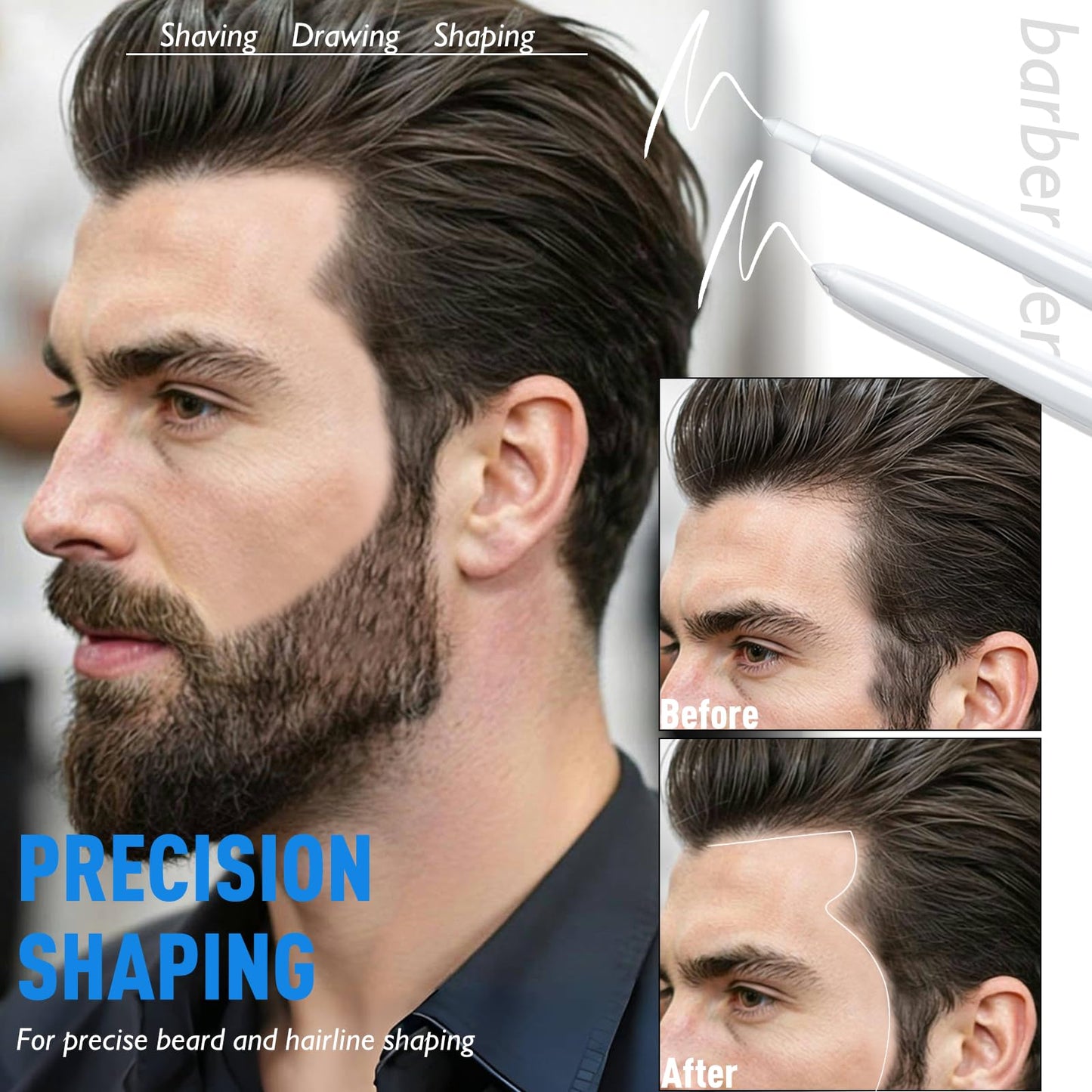 Wugbc 6 Pcs White Barber Pencil Hairline Chalk Beard Lineup Tool Magic Design with Brush Shaping Guide Hairline Edge Trace Styling Makeup Barber Accessories Set for Men