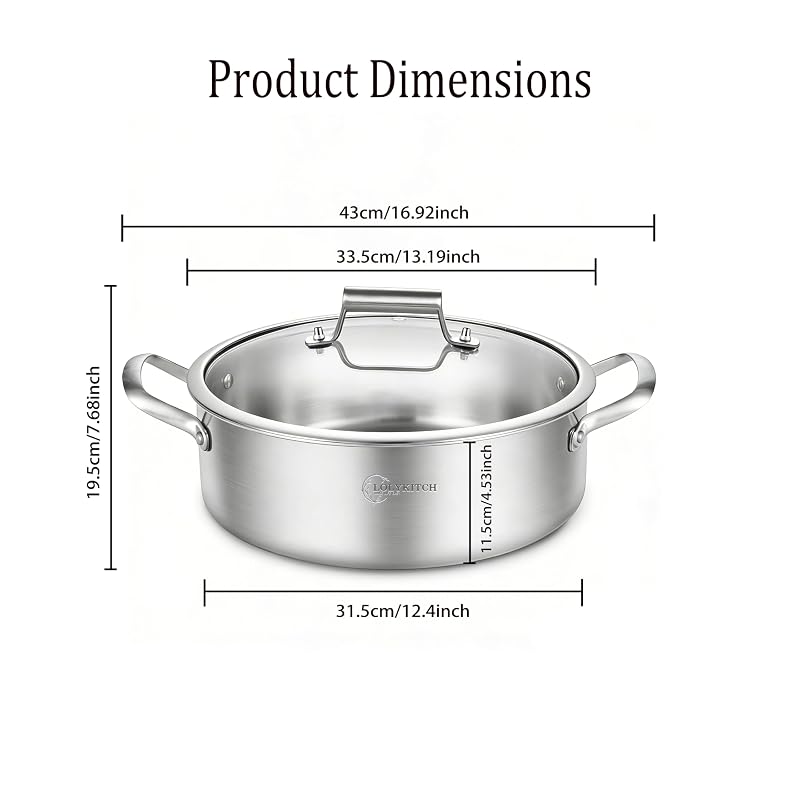 LollyKitch 8-Quart Stainless Steel Sauté Pan with Lid Tri-Ply 13 Inch - Induction Safe