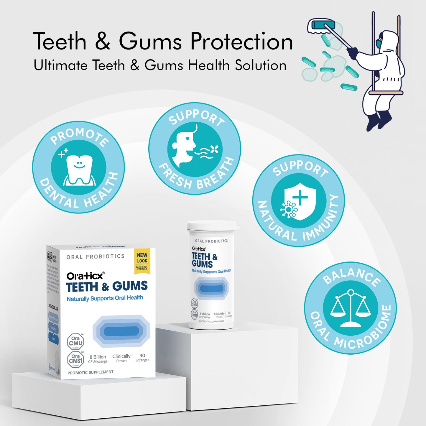 OraTicx Teeth & Gums Dental Probiotic, 8 Billion CFU - Naturally Supports Oral Health, Fresh Breath, and Immunity, Oral Probiotic Supplement, Grape Flavor 30 Lozenges 1-PK