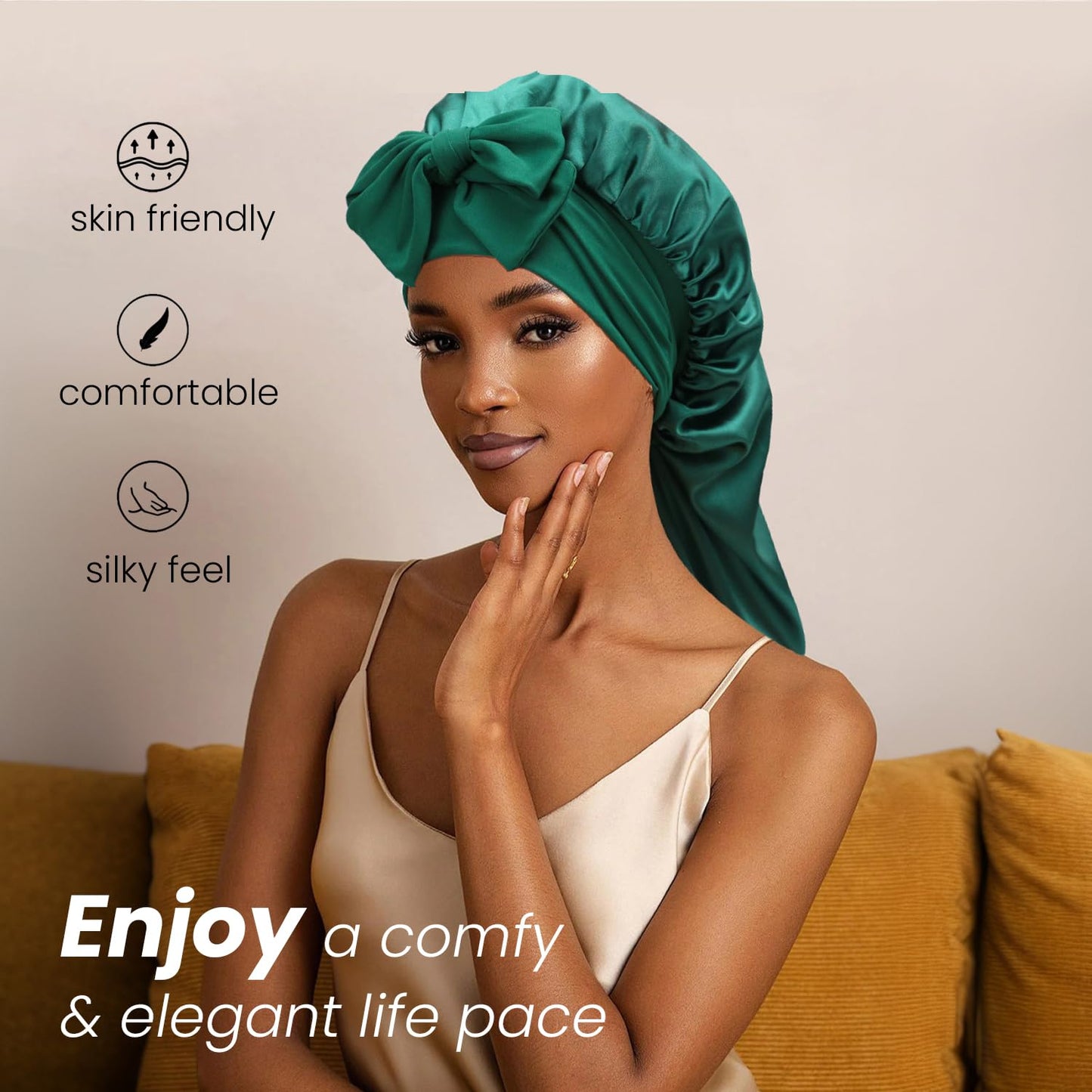 Bonnet for Braids, Double Sided Long Braid Bonnets for Black Women, Satin Silk Hair Bonnet for Sleeping Long Hair Sleep Cap with Tie Band - Hunter Green