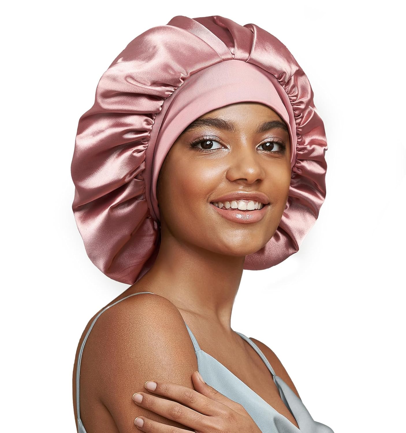 22 Momme Mulberry Silk Bonnet for Women - Double-Sided Non-Slip Sleep Cap for Long Curly Hair, Adjustable Band, Ebony