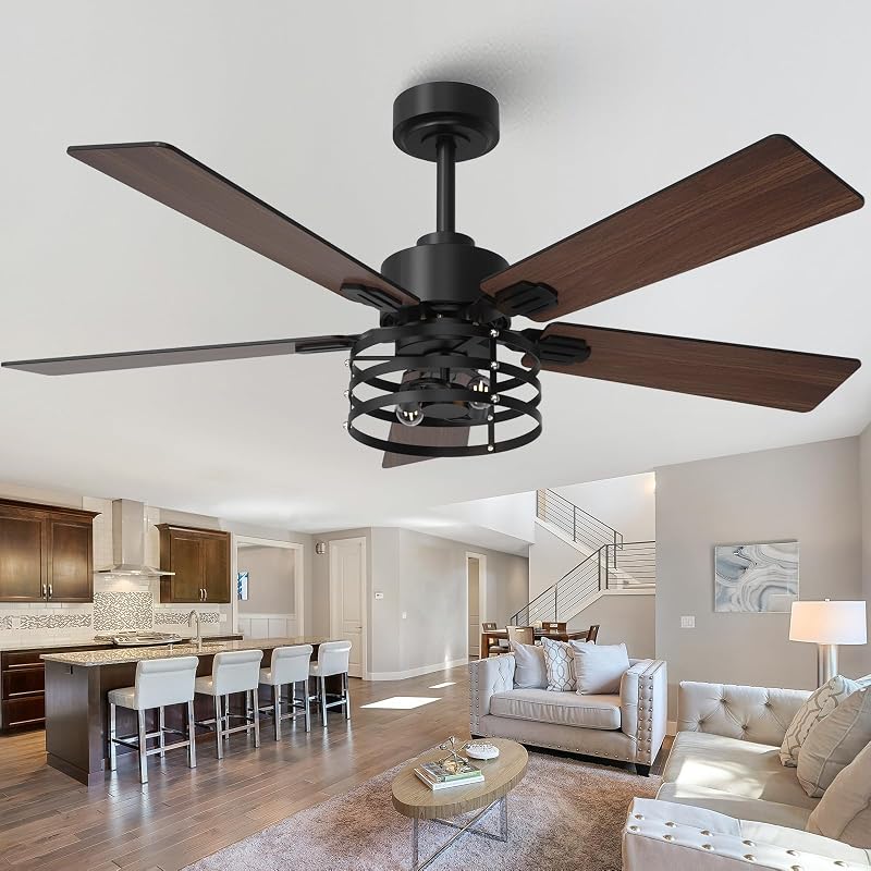 52 Inch Farmhouse Ceiling Fan with Light - Maple/Black, 6-Speed DC, Remote