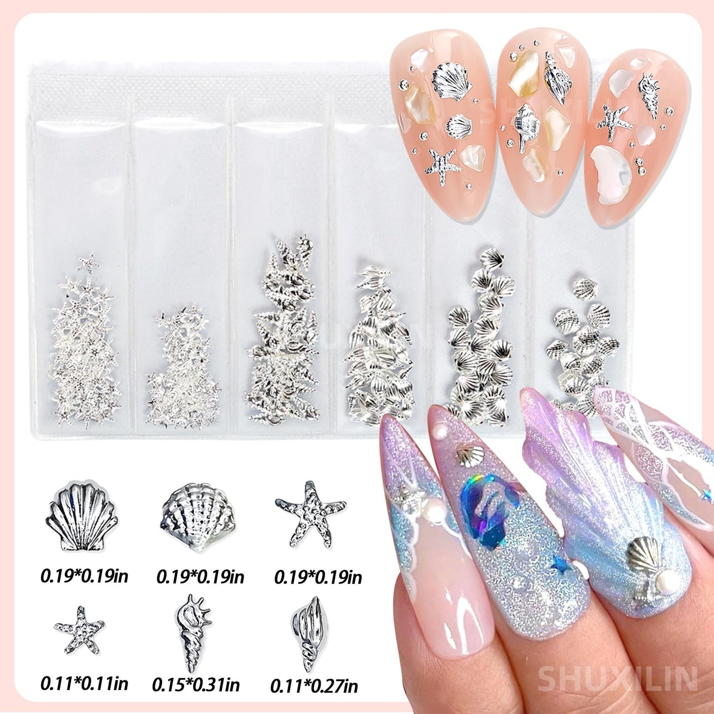 SHUXILIN 600Pcs 3D Metal Nail Charms Mixed Shapes Gold Shell Starfish Conch Alloy Nail Rivets Flat Back Gold Nail Rhinestones Metal Nail Gem Summer Beach Charm for Acrylic Nails for Women Nails Design