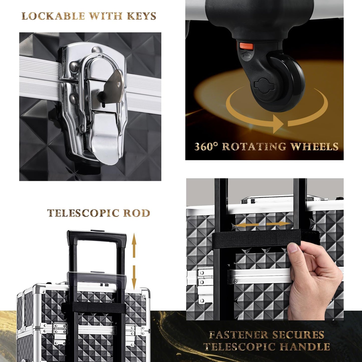 Stagiant Rolling Makeup Case Cosmetology Case on Wheels 4 in 1 Large Cosmetic Organizer Train Case Makeup Travel Case with Key Swivel Wheels Nail Artist Salon Storage Traveling Cart Trunk Black