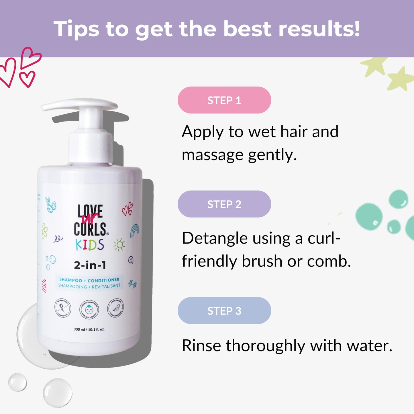 Love Ur Curls Kids - LUCK 2 in 1 Shampoo and Conditioner, Fragrance Free, Pediatrician Approved, Gentle Tear Free Unscented Formula, Easy to Detangle Curls, Sulfate and Paraben Free, 300 mL