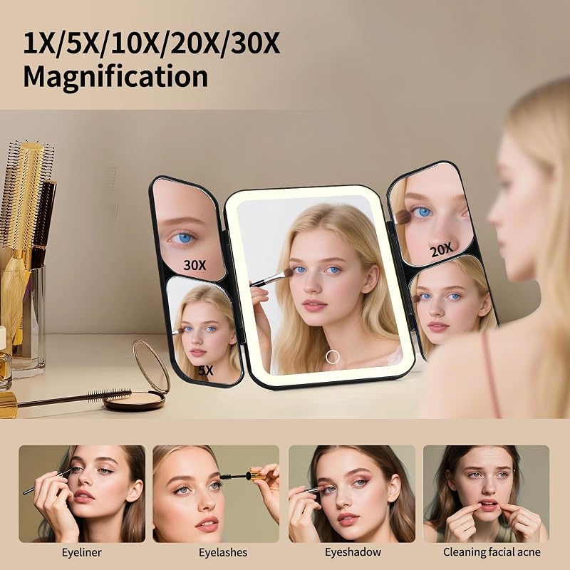 Tri-fold Lighted Vanity Mirror with 5X/10X/20X/30X Magnification, Rechargeable Travel Makeup Mirror - Black (Variation: Black)