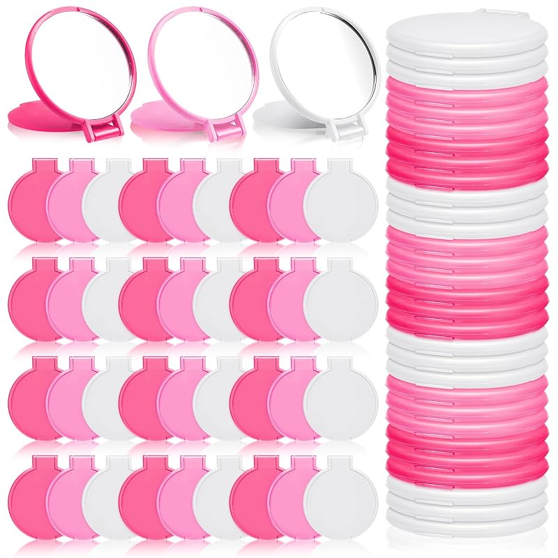 48 Pack Compact Mirrors Bulk – Mini Round Folding Pocket Mirrors, Pink White, Variation: White, Pink, Rose Red