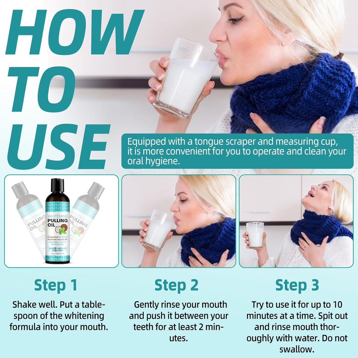 Coconut Oil Pulling for Fresh Breath and Oral Hygiene - Ayurvedic Expert Formulated | Supports Healthy Gums | Natural - Includes Tongue Scraper and Measuring Cup - 16 oz