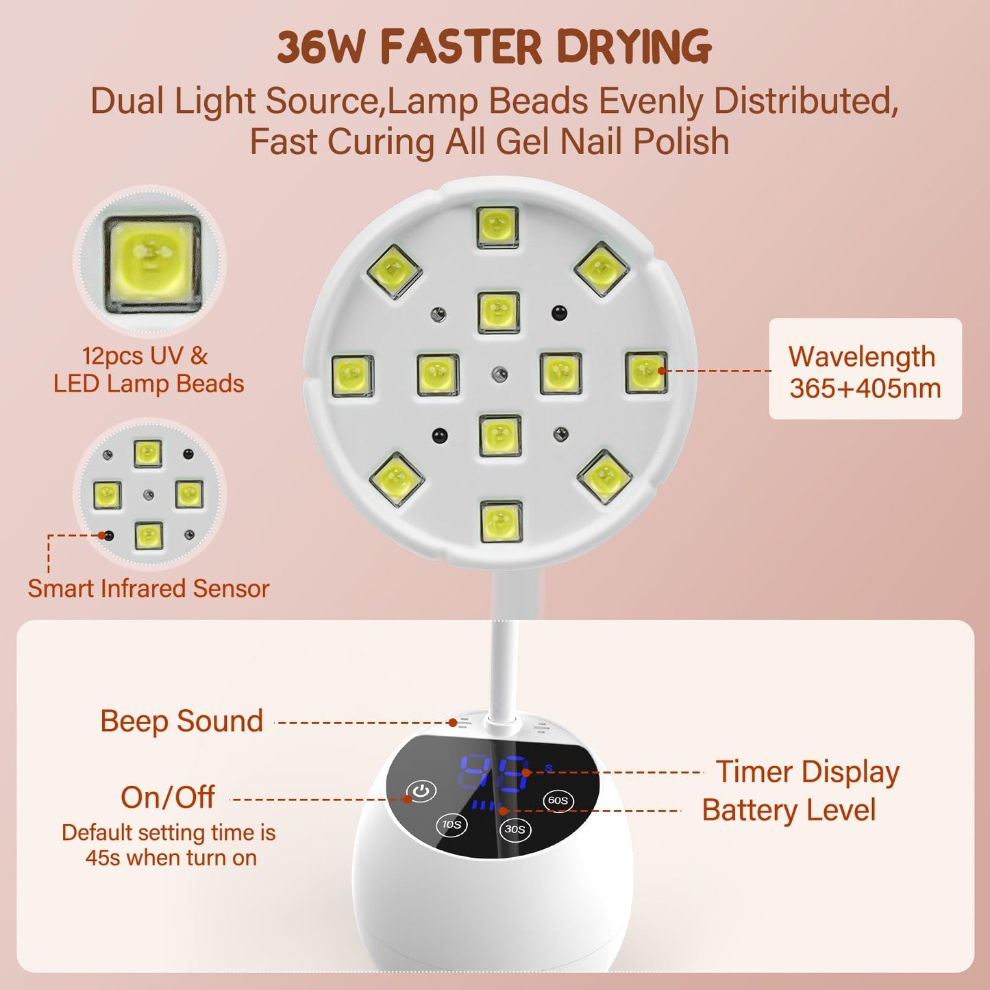 UV LED Nail Lamp Cordless 36W Mini UV Light for Gel X Nails Tips,Portable Hands Free Flash Cure Light,USB Rechargeable Nail Dryers with Sensor & 4 Timers,Rotatable Gooseneck Manicure Gel Polish Lamp