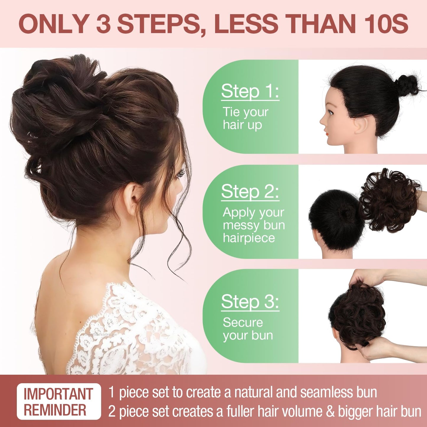 FELENDY 2PCS Messy Bun Hair Piece Large Wavy Curly Elastic Hair Bun Scrunchies Fluffy Thick Donut Chignon Hairpieces Updo Extensions Dark Red