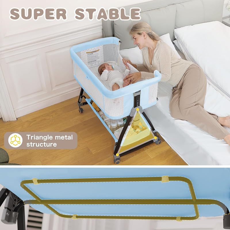 Feelogos Baby Bassinet Bedside Sleeper with Mattress, 6-Height Adjustable Co-Sleeper with Mesh, Storage - Blue
