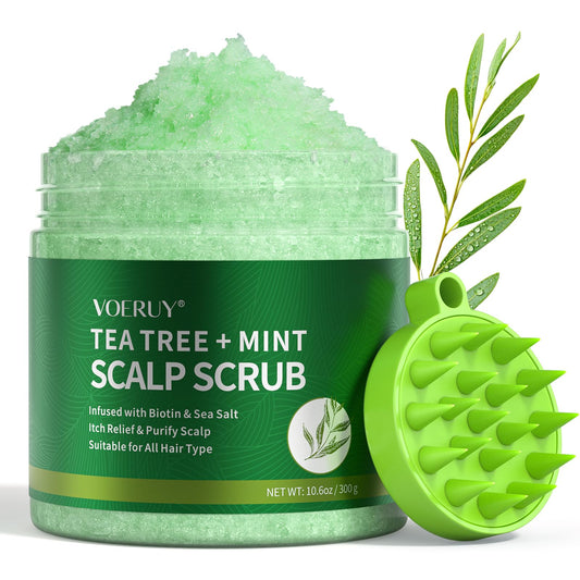 VOERUY Scalp Scrub, Tea Tree Scalp Exfoliator Scrub Shampoo, 2-in-1 Scalp Treatment with Mint Oil, Hair Treatment to Clarify and Remove Build up with Silicone Scalp Massager, 10.6oz/300g