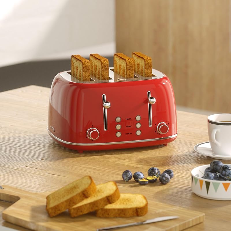 KITCHMIX 4-Slice Retro Toaster with 6 Shade Settings, 1.5" Wide Slots, Dual Controls, Red