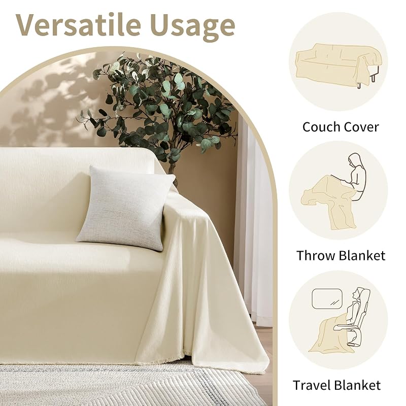Beige XX-Large 2-Piece L-Shape Chenille Couch Cover Set for Sectional