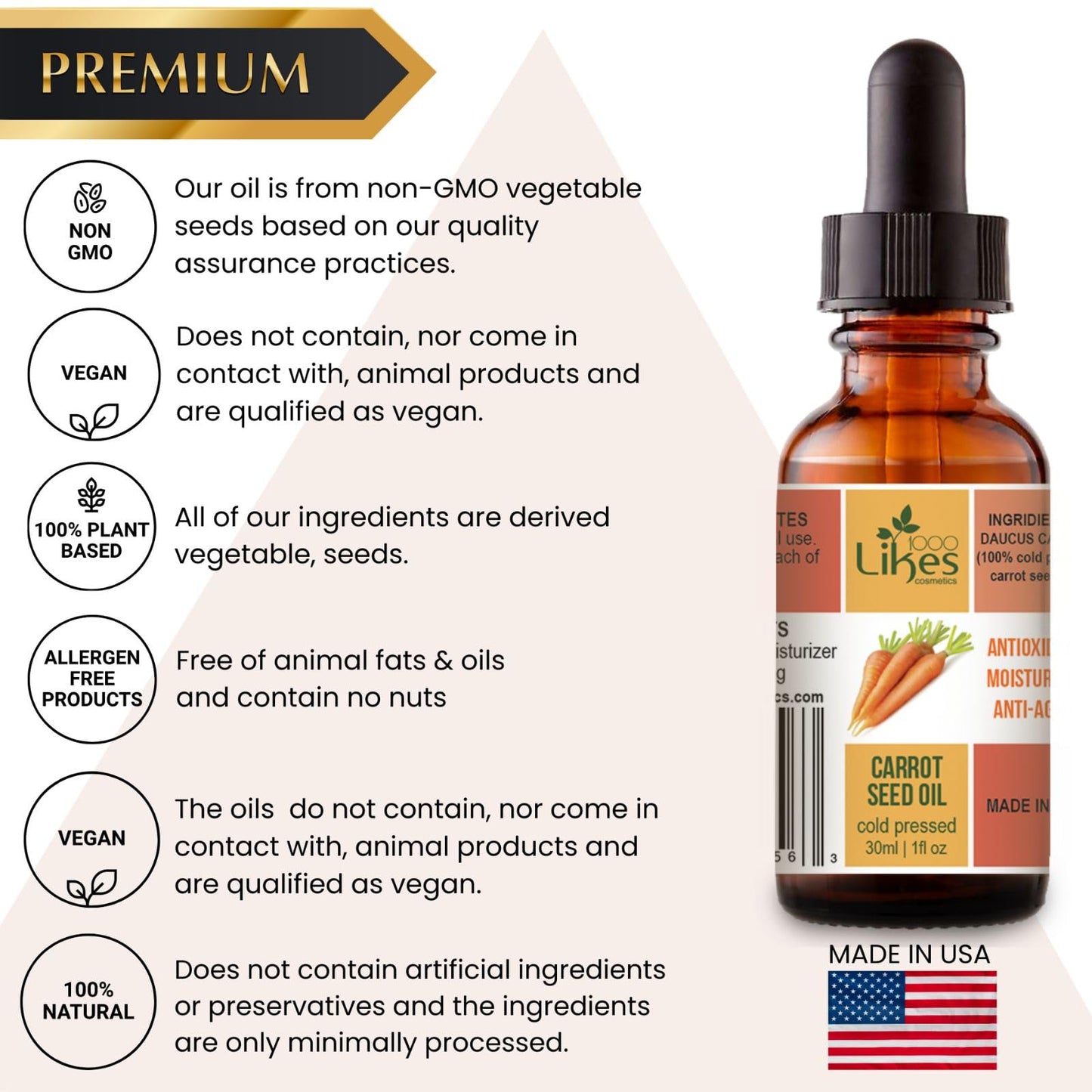 Premium Cold-Pressed Carrot Seed Oil – 100% Pure, Natural and Fresh Scented By 1000 Likes Cosmetics - Nourishing Oil for Hair, Skin & Face - Hydrating & Rejuvenating - Dropper Bottle Included