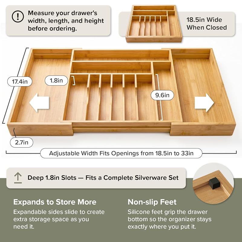 Adjustable Bamboo Silverware Drawer Organizer, 18.5"-33" Wide - KitchenEdge Natural