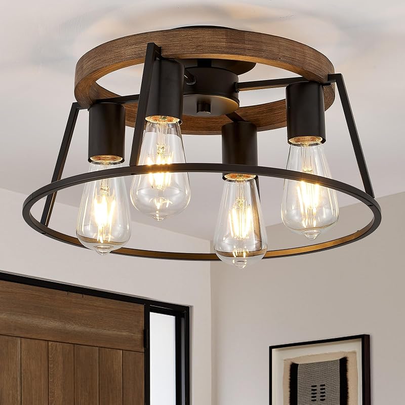 Farmhouse Wood Semi Flush Mount Ceiling Light Fixture, 4-Light Black Rustic Lamp - Black & Wood Variation