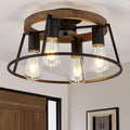 Farmhouse Wood Semi Flush Mount Ceiling Light Fixture, 4-Light Black Rustic Lamp - Black & Wood Variation